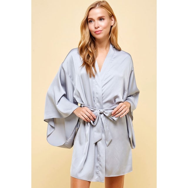 Solid Gray Satin Casual Fit Lounge Kimono Robe